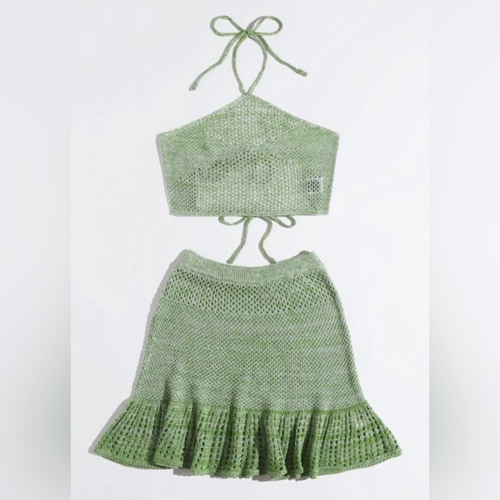Franky Halterneck Tied Backless Pointelle Knit Cover Up Top & Skirt Set